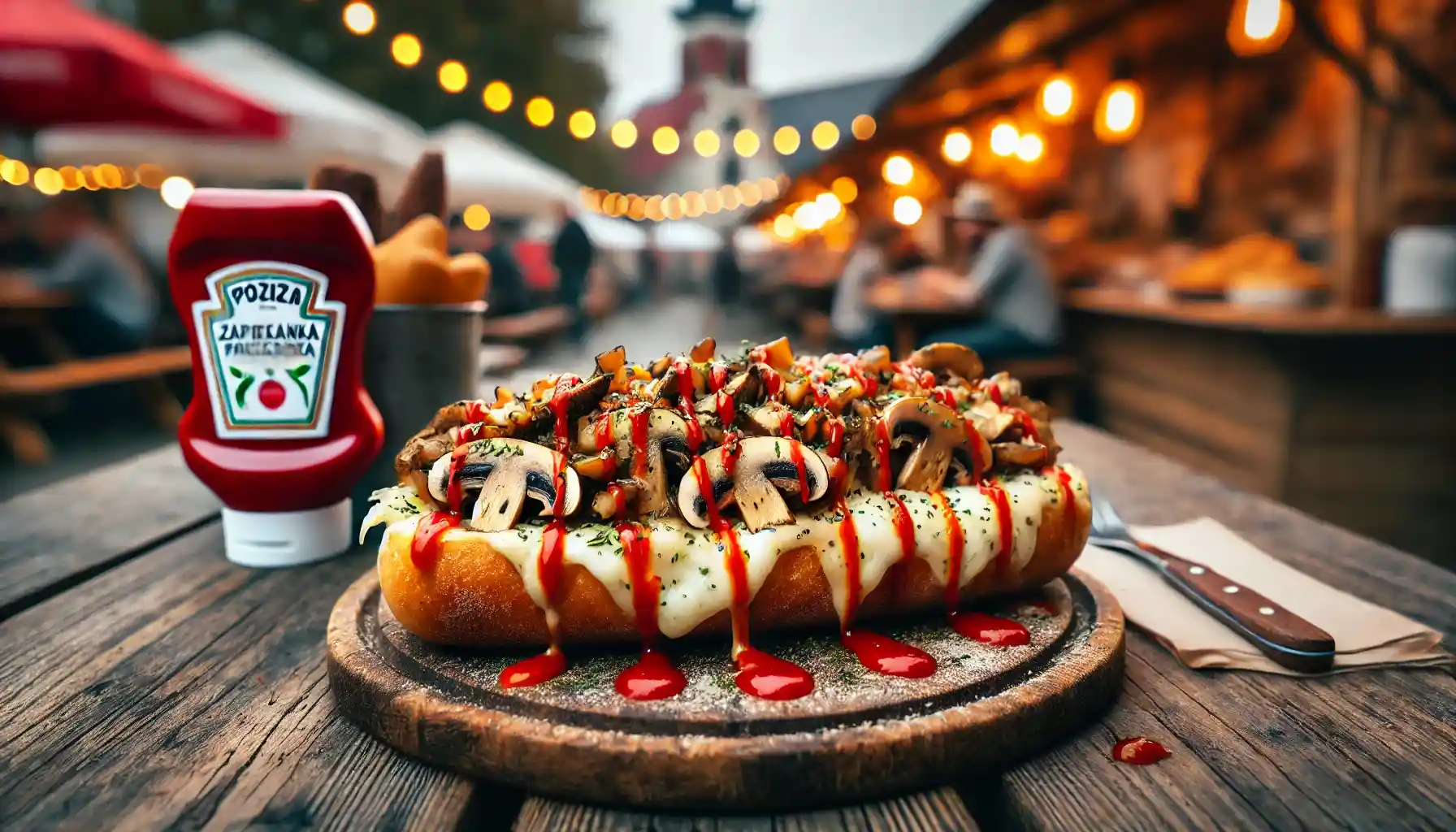 Loaded Hot Dog with Toppings – A delicious grilled hot dog topped with crispy onions, bacon, and ketchup.