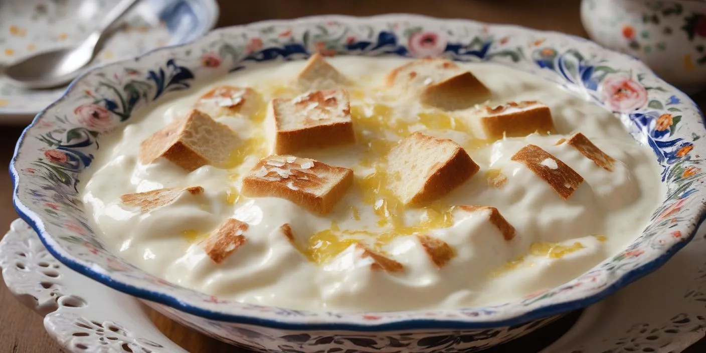 Creamy dessert topped with toasted bread cubes and drizzled with honey. BookOfFoods