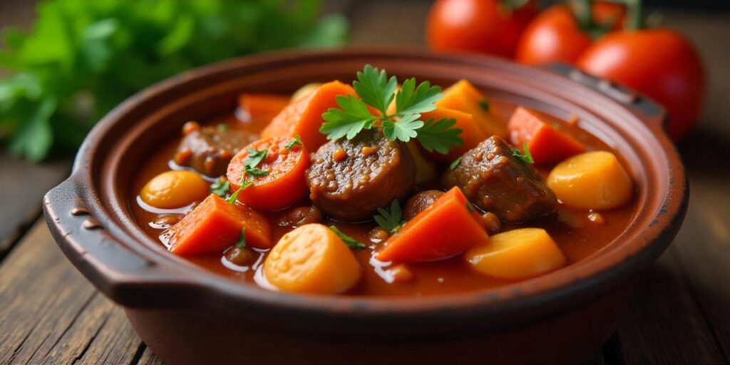 A bowl of beef stew with tender meat, carrots, and potatoes, garnished with parsley.