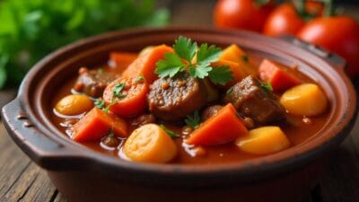 A bowl of beef stew with tender meat, carrots, and potatoes, garnished with parsley.