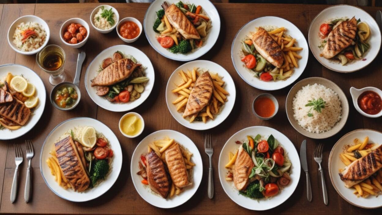 A table filled with various meals including grilled fish, rice, and vegetable sides.