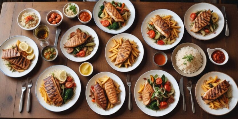 A table filled with various meals including grilled fish, rice, and vegetable sides.