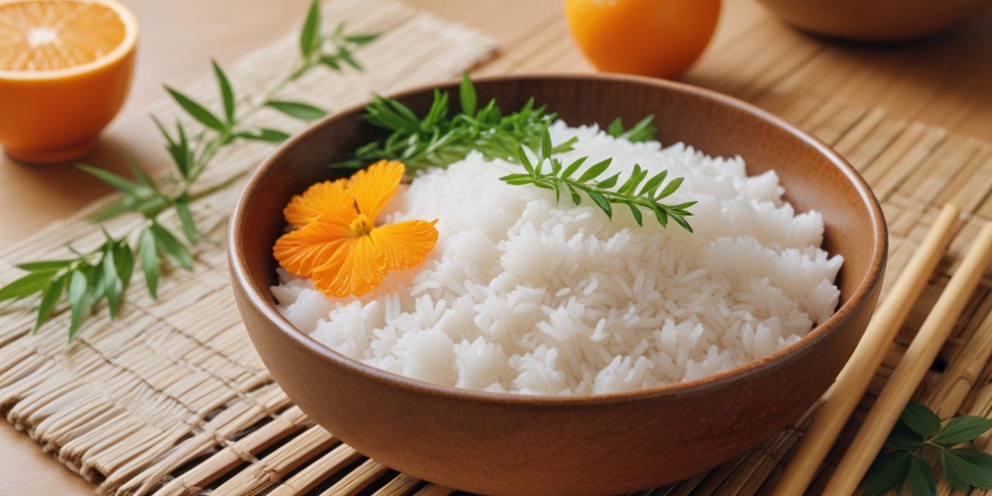 A wooden bowl filled with steamed white rice, garnished with an edible flower and herbs.