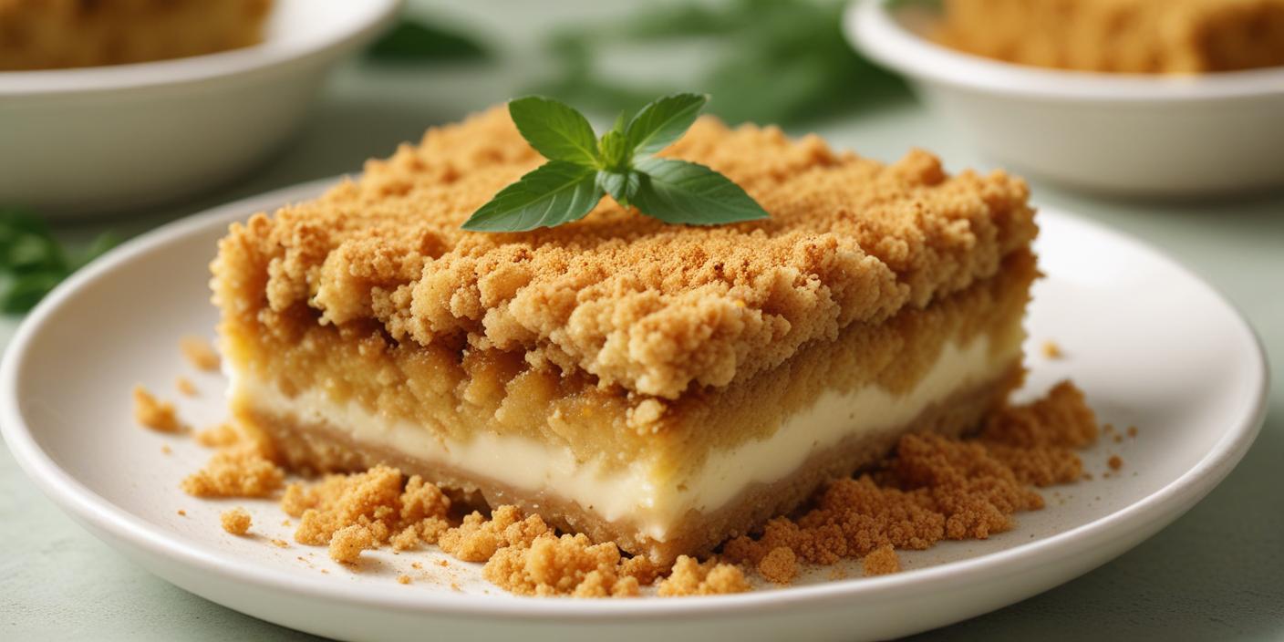 A slice of layered custard crumble cake garnished with fresh mint leaves.