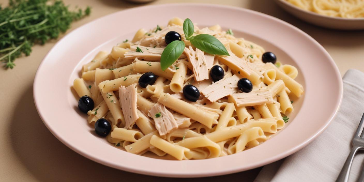 A plate of creamy pasta with shredded chicken, black olives, and fresh basil.