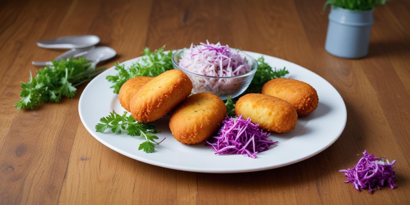 A plate of crispy croquettes served with red cabbage and fresh greens.