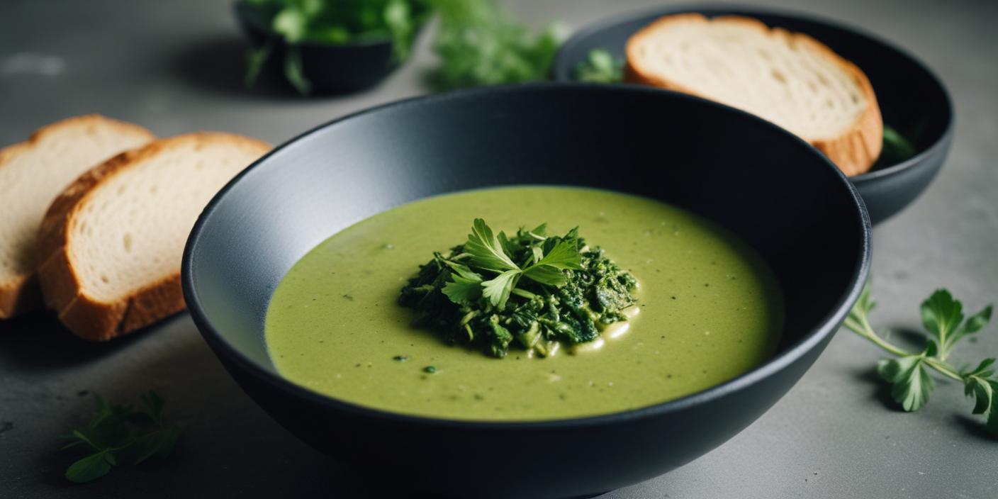 A bowl of creamy green soup garnished with fresh herbs.