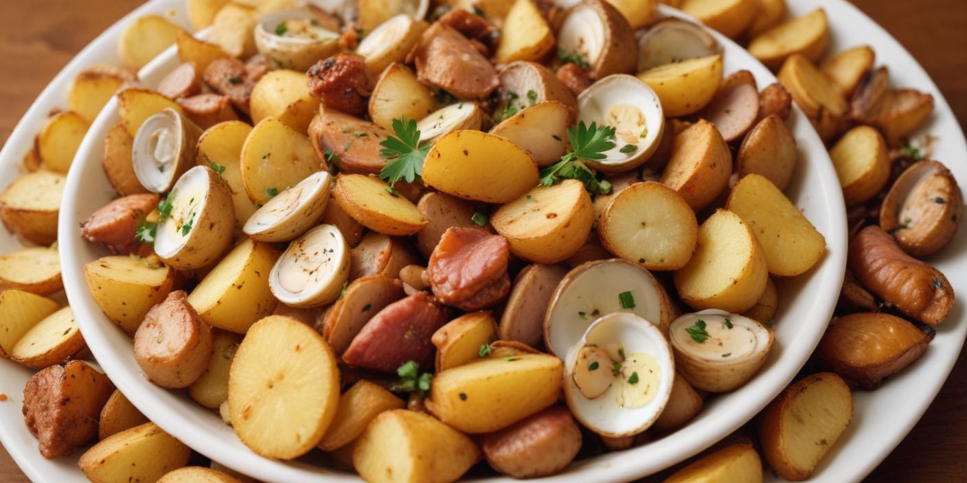 A plate of roasted potatoes with fresh parsley and sausages, garnished with herbs.