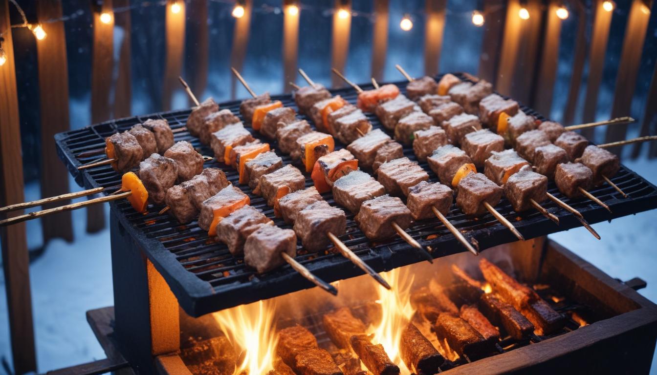 Grilled meat skewers cooking over an open flame at a barbecue.