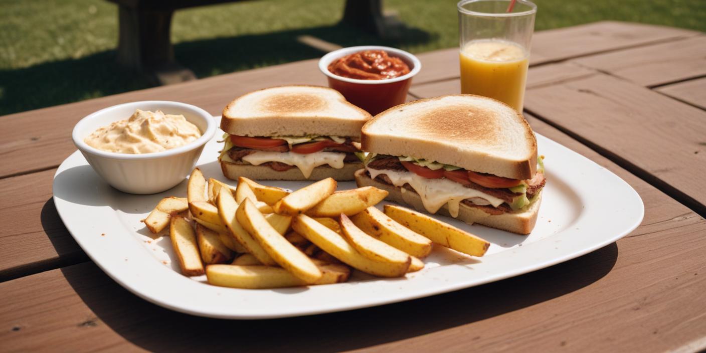 A plate of hamburgers served with French fries, baked beans, and a glass of orange juice.