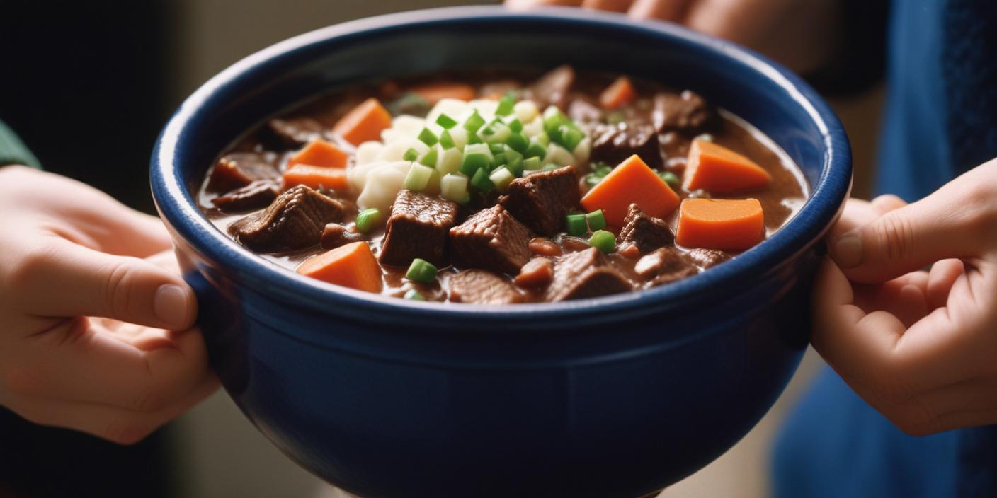 A bowl of hearty beef stew with vegetables, garnished with fresh herbs.