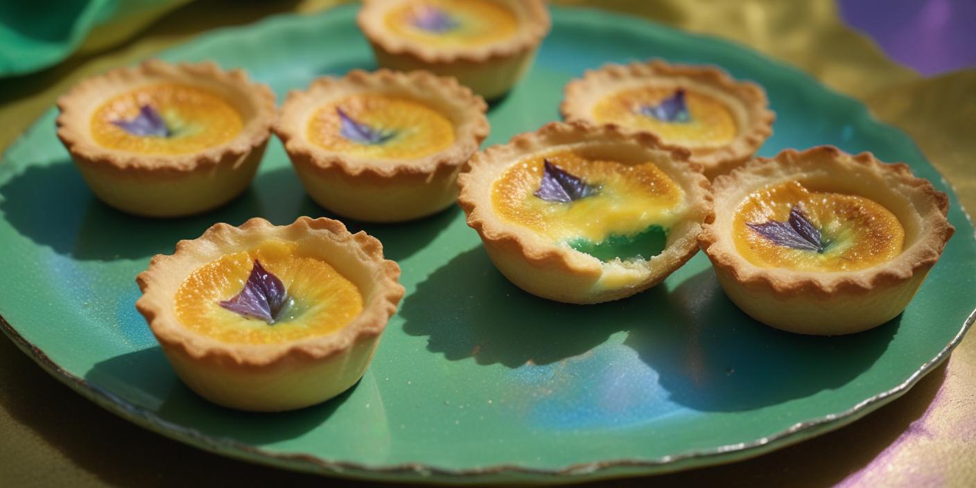 A plate of small golden egg tarts garnished with delicate edible flowers.