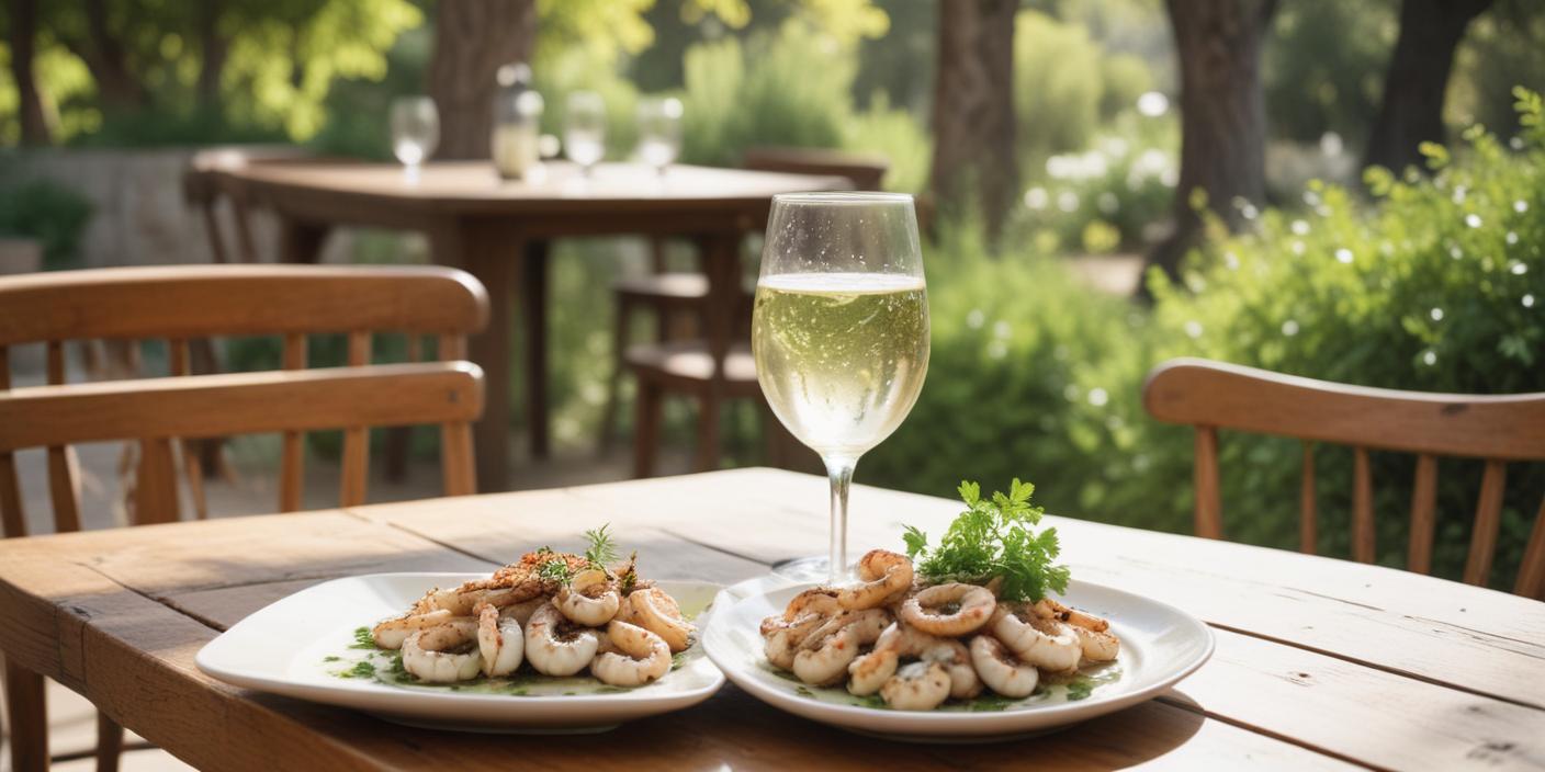 Two plates of grilled shrimp with a glass of white wine on an outdoor table.