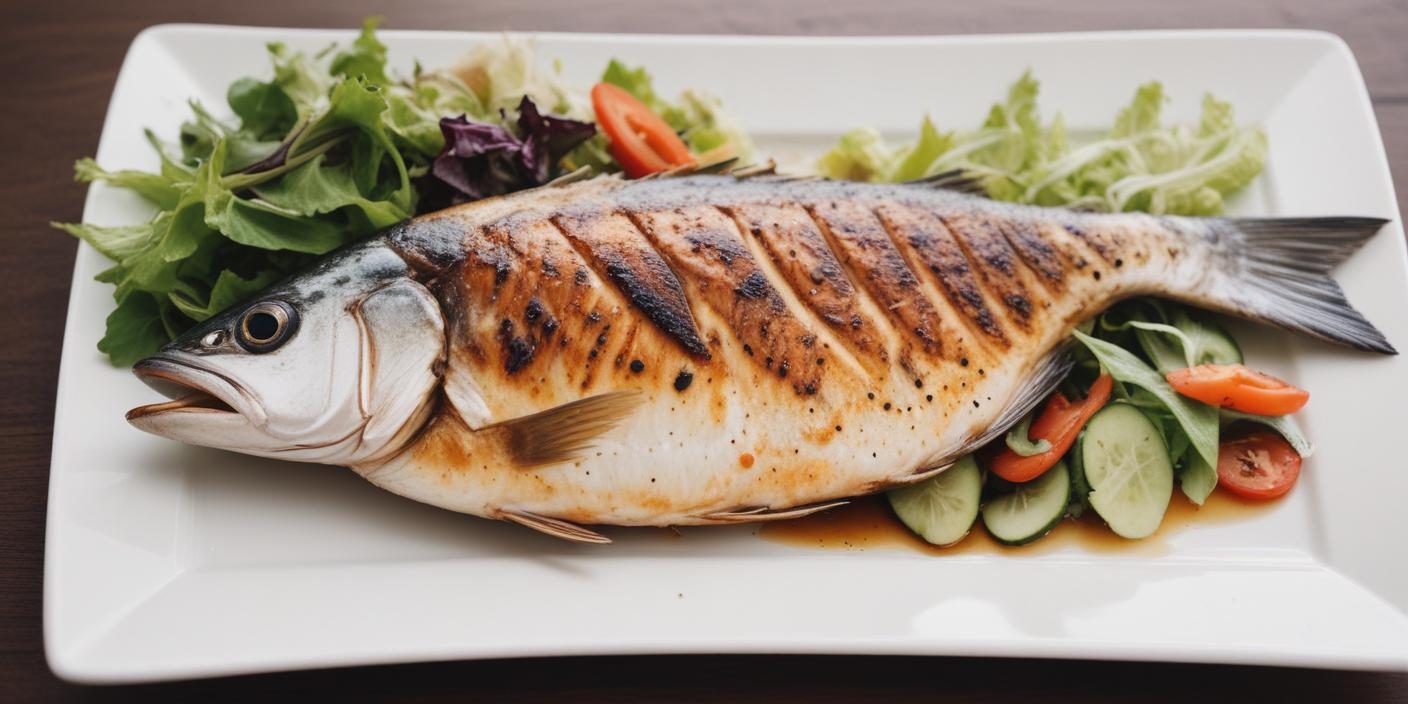 Whole grilled fish served with fresh salad on a white plate.