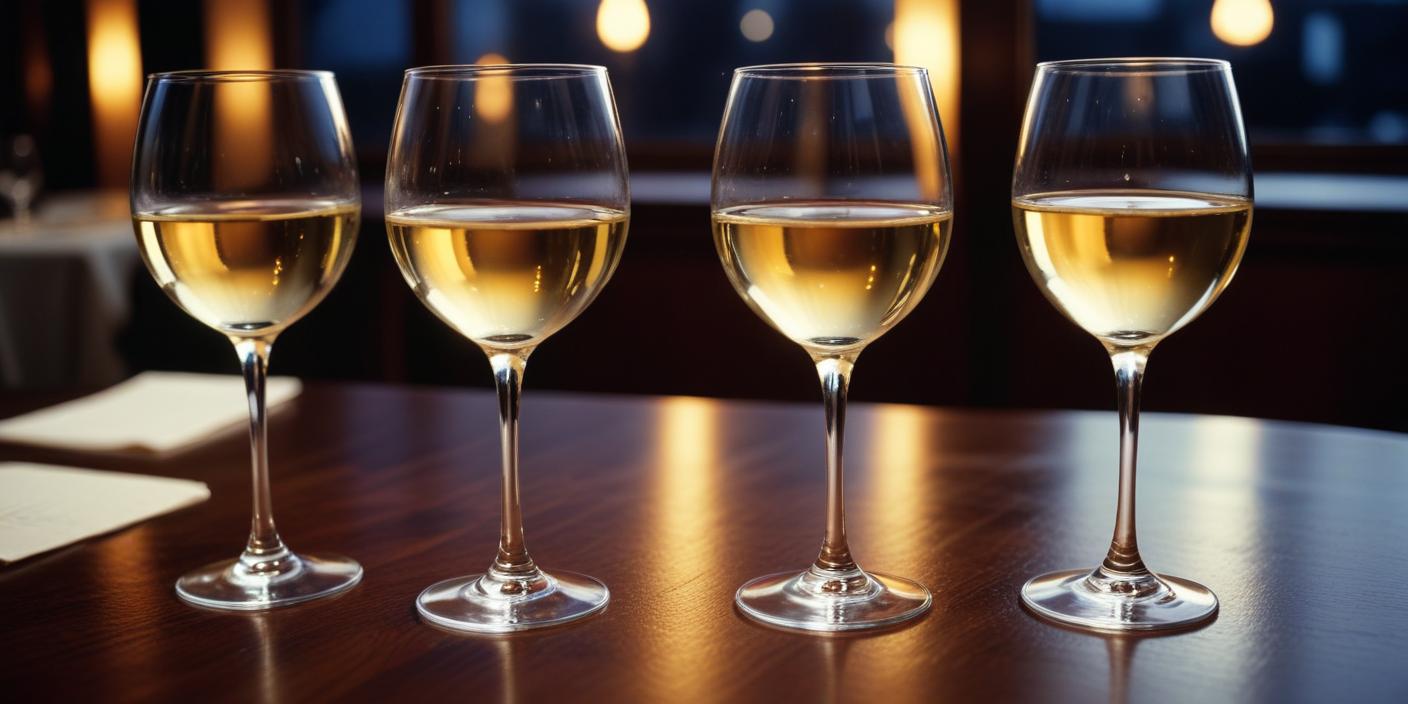 Three glasses of chilled white wine on a dimly lit table.