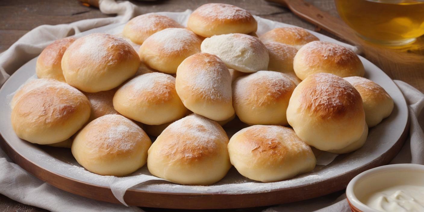 Golden-brown baked buns arranged on a wooden plate. BookOfFoods