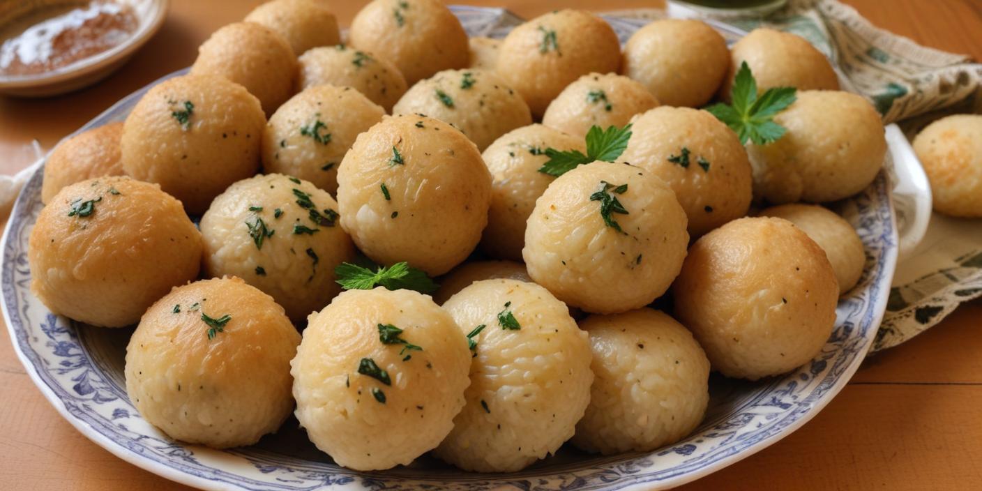 Plate of round dumplings sprinkled with fresh herbs. BookOfFoods