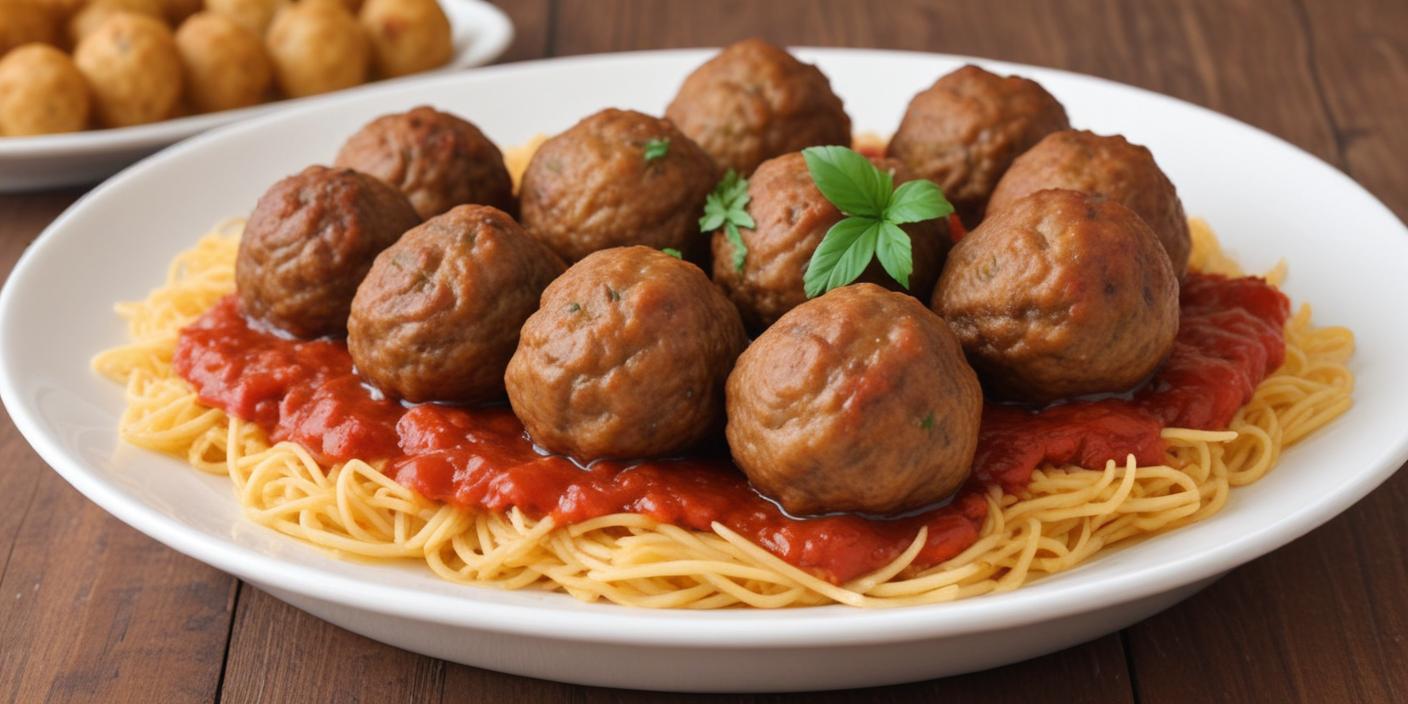 Plate of spaghetti with meatballs in a rich tomato sauce, garnished with basil. BookOfFoods