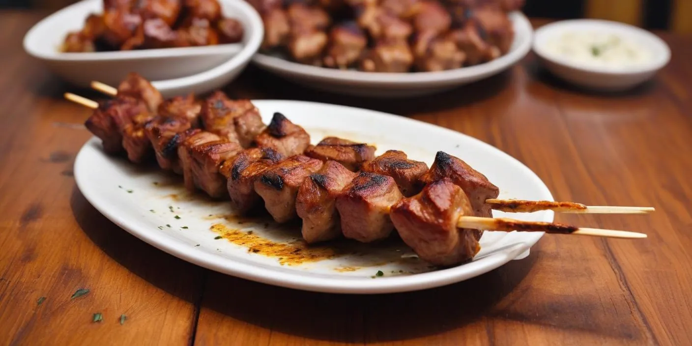 Grilled meat skewers served with a side of vegetables. BookOfFoods