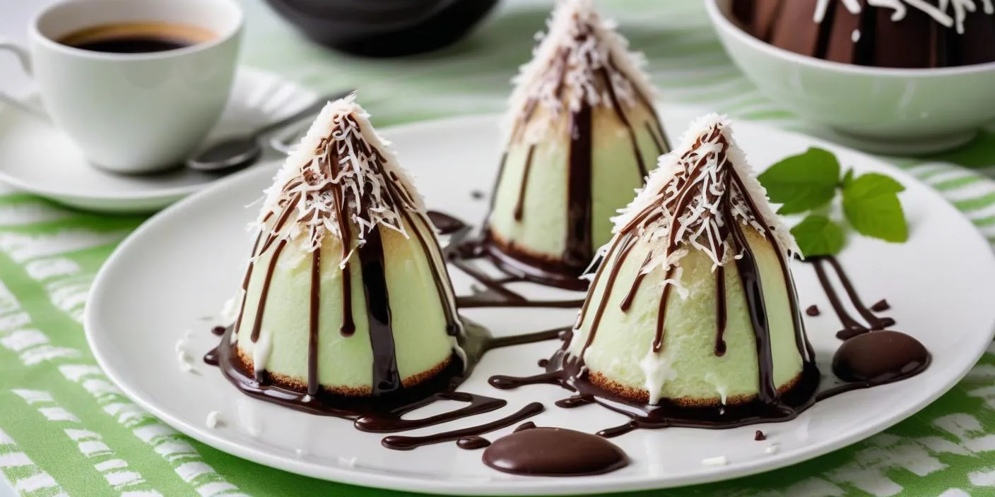 Small pyramid-shaped desserts drizzled with chocolate and coconut flakes. BookOfFoods
