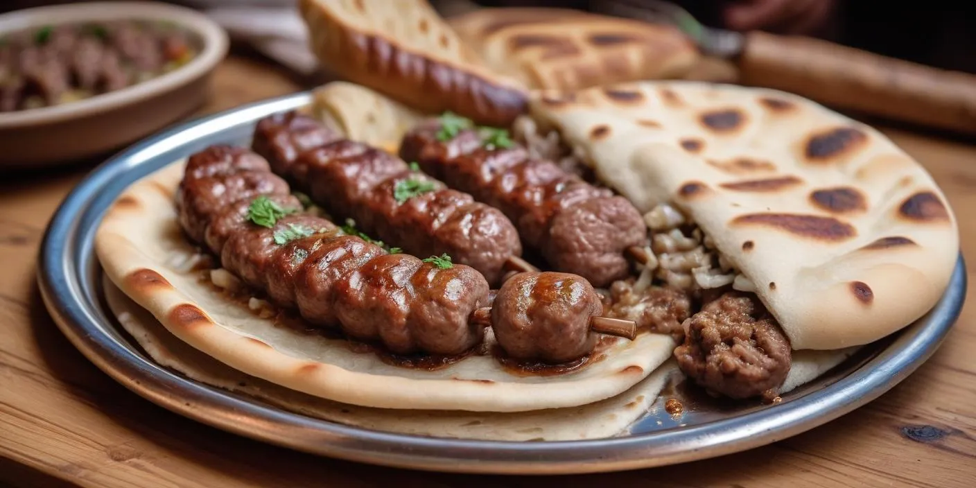 Grilled sausages served with flatbread and chopped onions on a plate. BookOfFoods