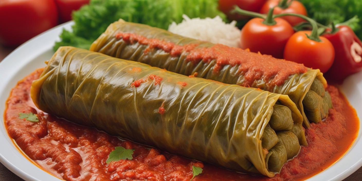 Stuffed cabbage rolls covered in tomato sauce, served with fresh vegetables. BookOfFoods