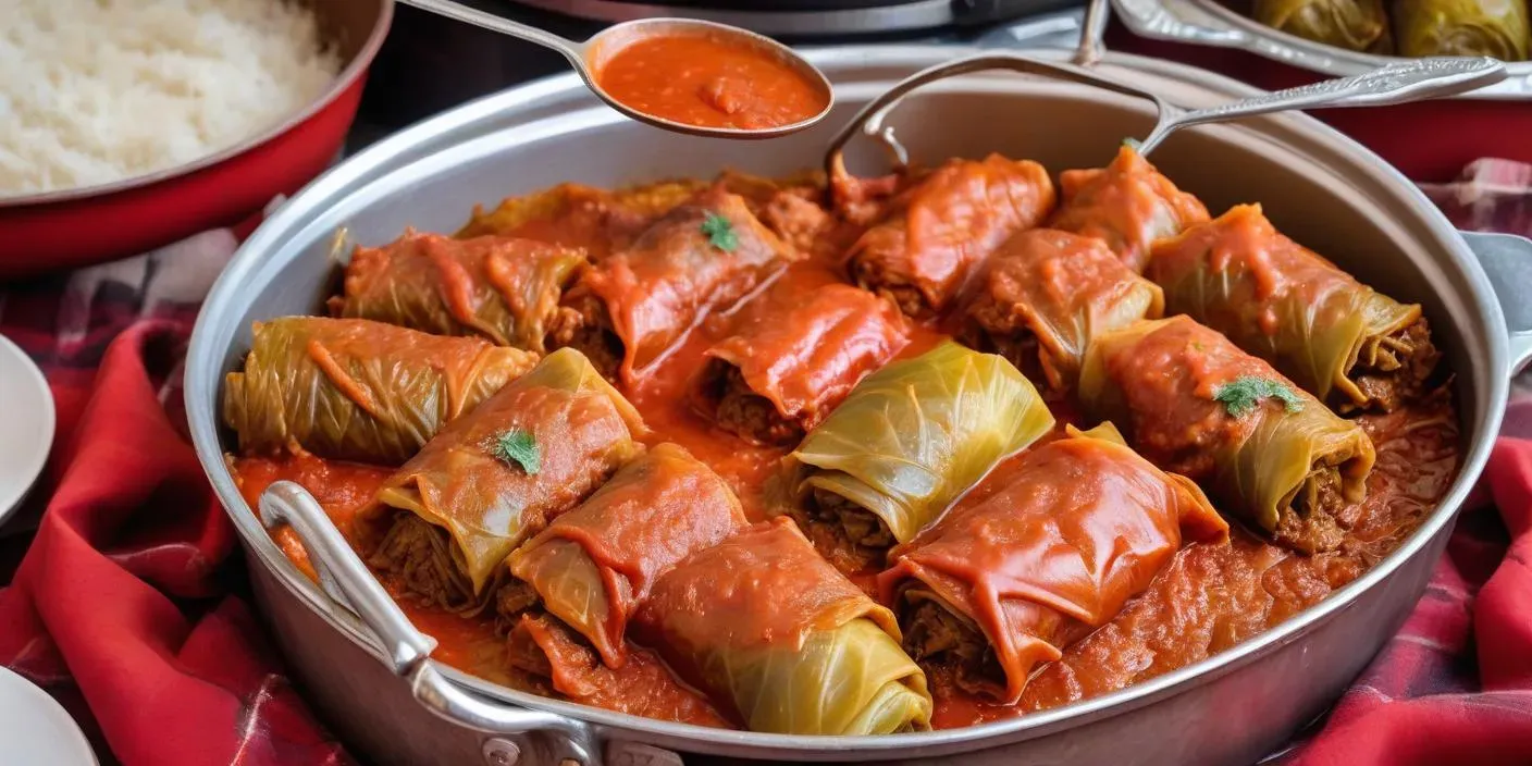 Stuffed cabbage rolls covered in a rich tomato sauce, served on a plate. BookOfFoods