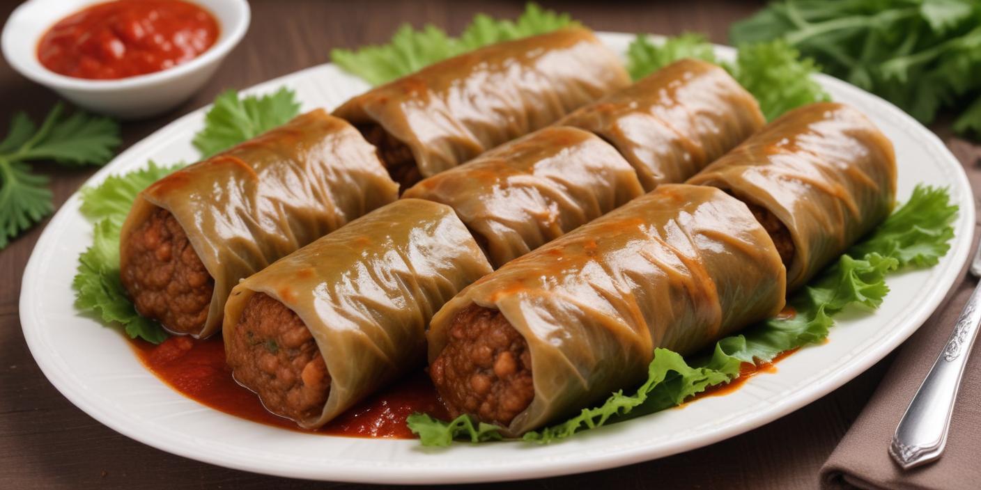 Stuffed cabbage rolls served on a white plate with a tomato-based sauce. BookOfFoods