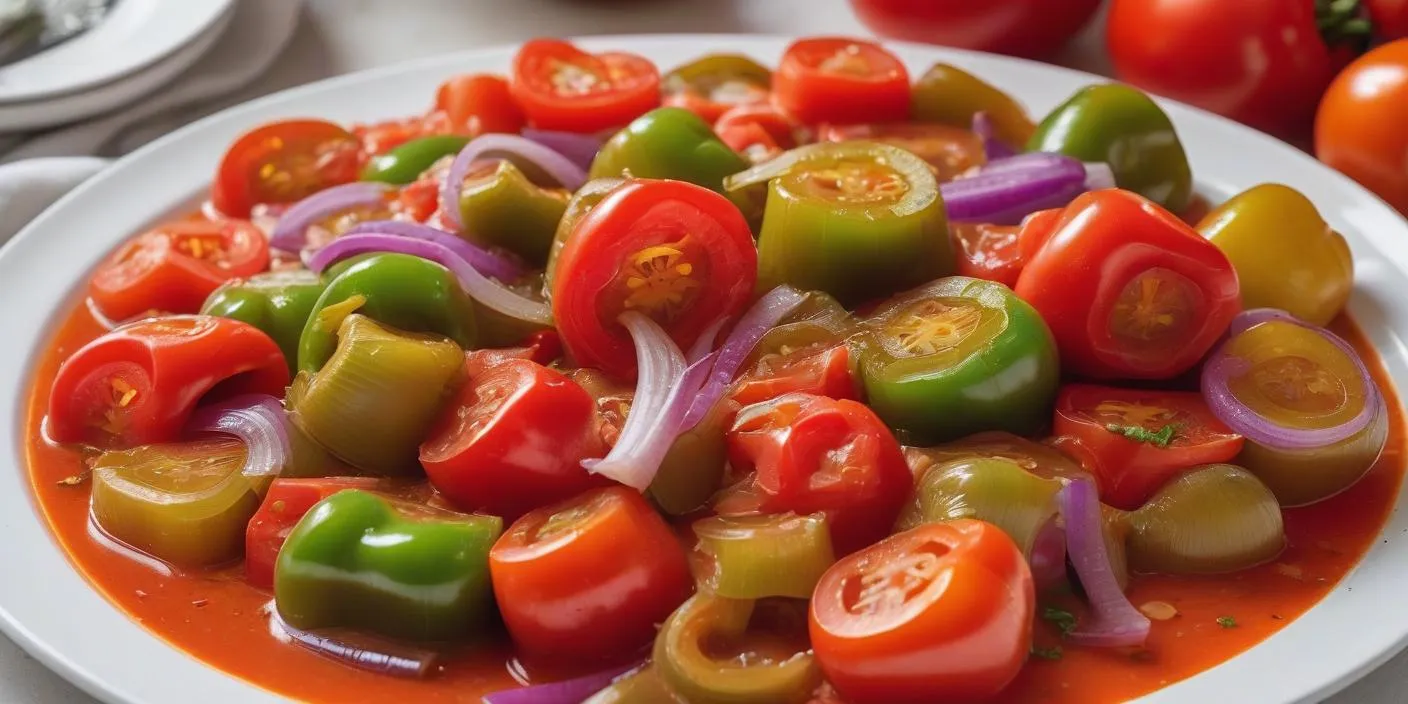 Fresh tomato and pepper salad with red onions and olives. BookOfFoods