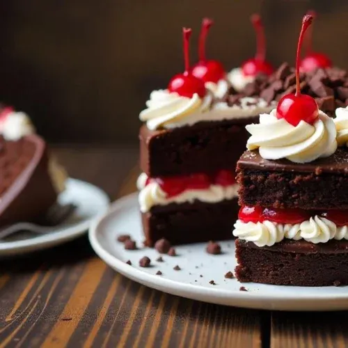 A classic Black Forest Cake (Schwarzwälder Kirschtorte) with layers of moist chocolate sponge, whipped cream, and Kirsch-soaked cherries