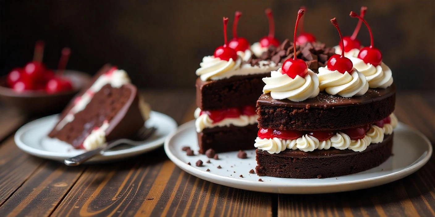 A classic Black Forest Cake (Schwarzwälder Kirschtorte) with layers of moist chocolate sponge, whipped cream, and Kirsch-soaked cherries