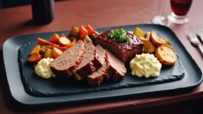 Sliced meatloaf on a black slate platter, served with mashed potatoes and vegetables.