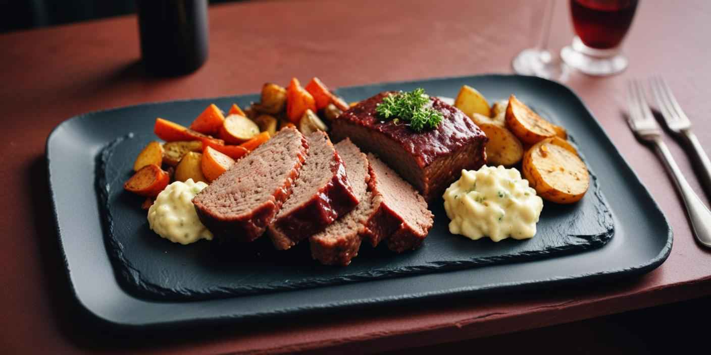 Sliced meatloaf on a black slate platter, served with mashed potatoes and vegetables.