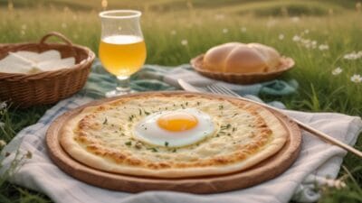 Savory pie with a fried egg on top, served outdoors with a glass of juice. BookOfFoods