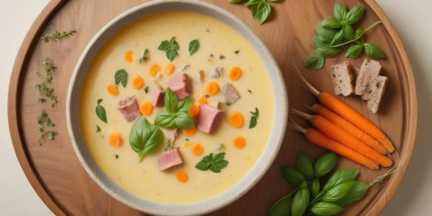 Creamy soup with diced ham, carrots, and fresh basil leaves. BookOfFoods