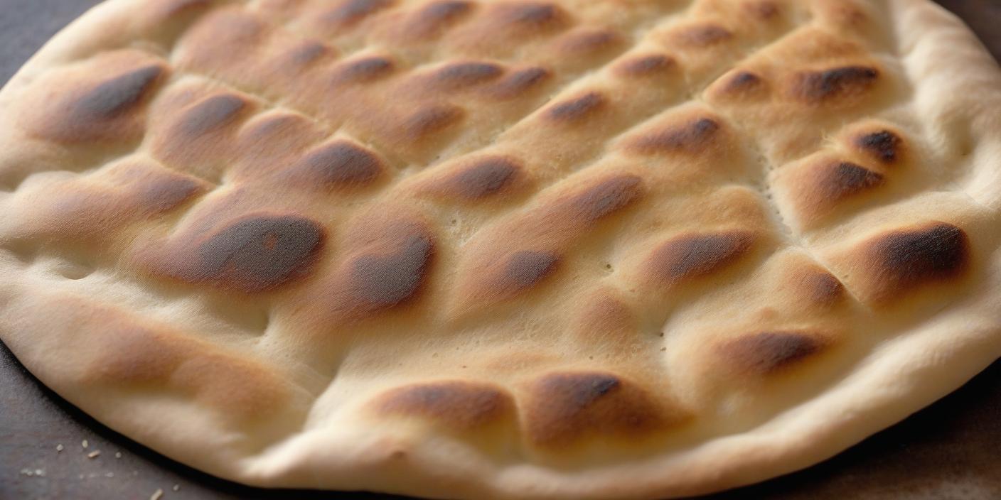 Close-up of golden-brown flatbread with a bubbled crust. BookOfFoods