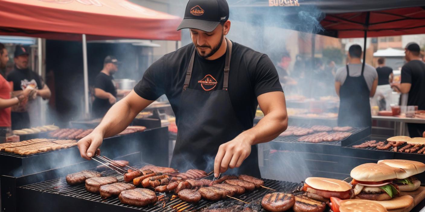 Man grilling various types of sausages at an outdoor food market. BookOfFoods