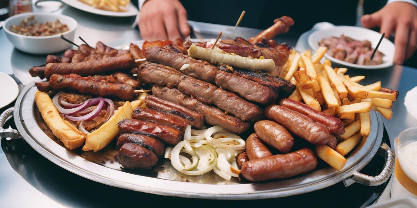 Platter of assorted grilled sausages served with onions and fries. BookOfFoods