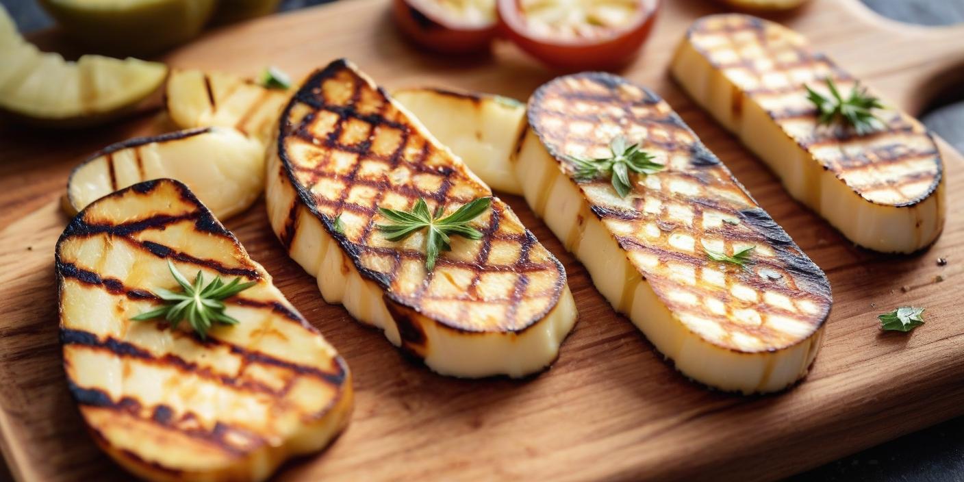 Grilled halloumi cheese with golden grill marks, garnished with fresh herbs. BookOfFoods