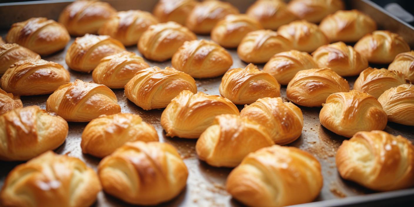 Freshly baked golden croissants arranged on a baking tray. BookOfFoods