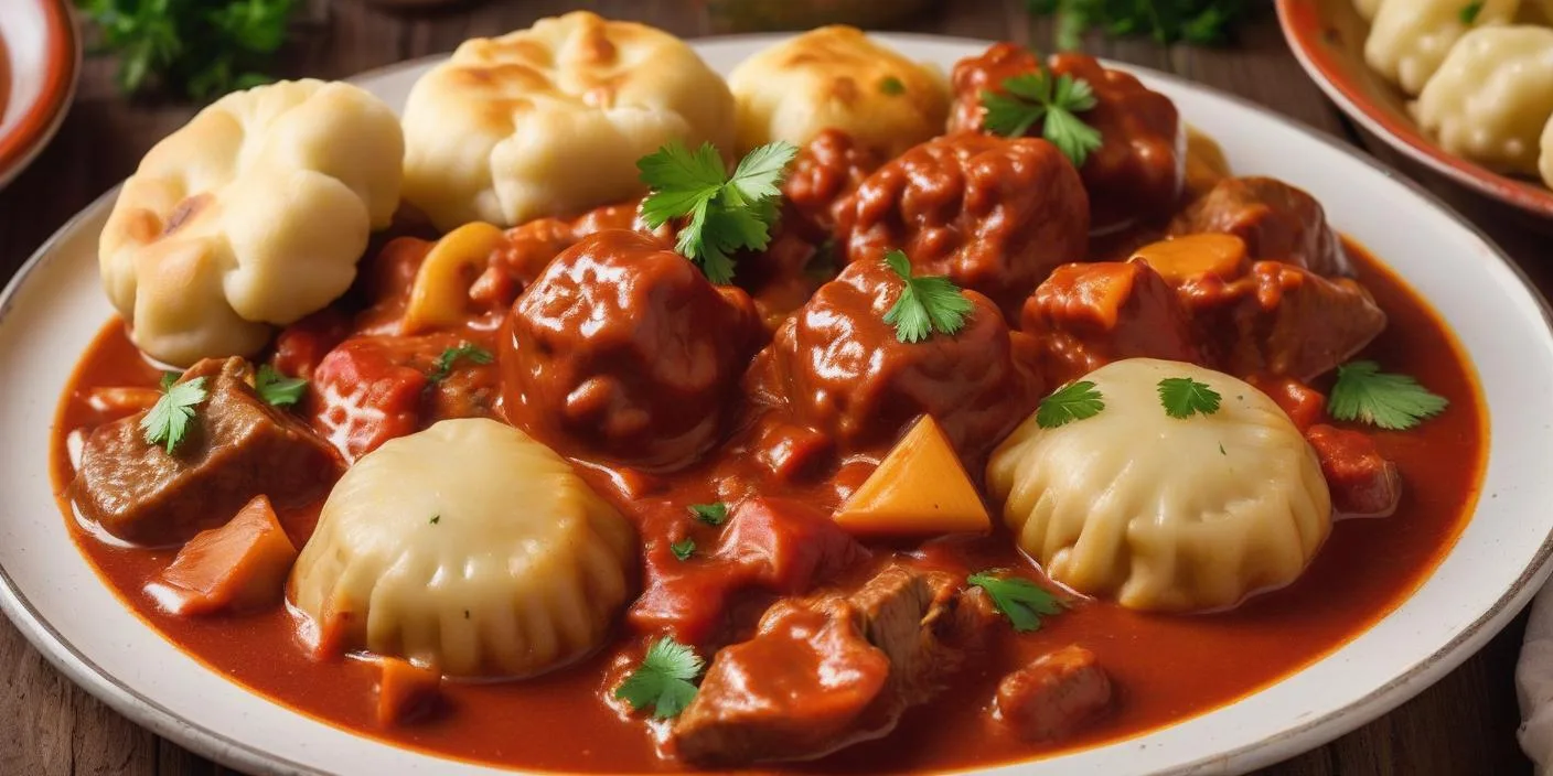 Meatballs in rich tomato sauce served with dumplings, garnished with parsley. BookOfFoods