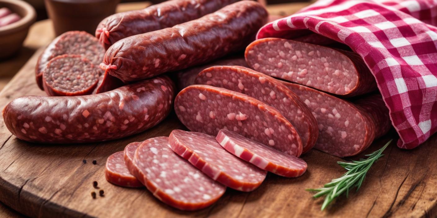 Variety of cured sausages and sliced salami on a wooden board. BookOfFoods