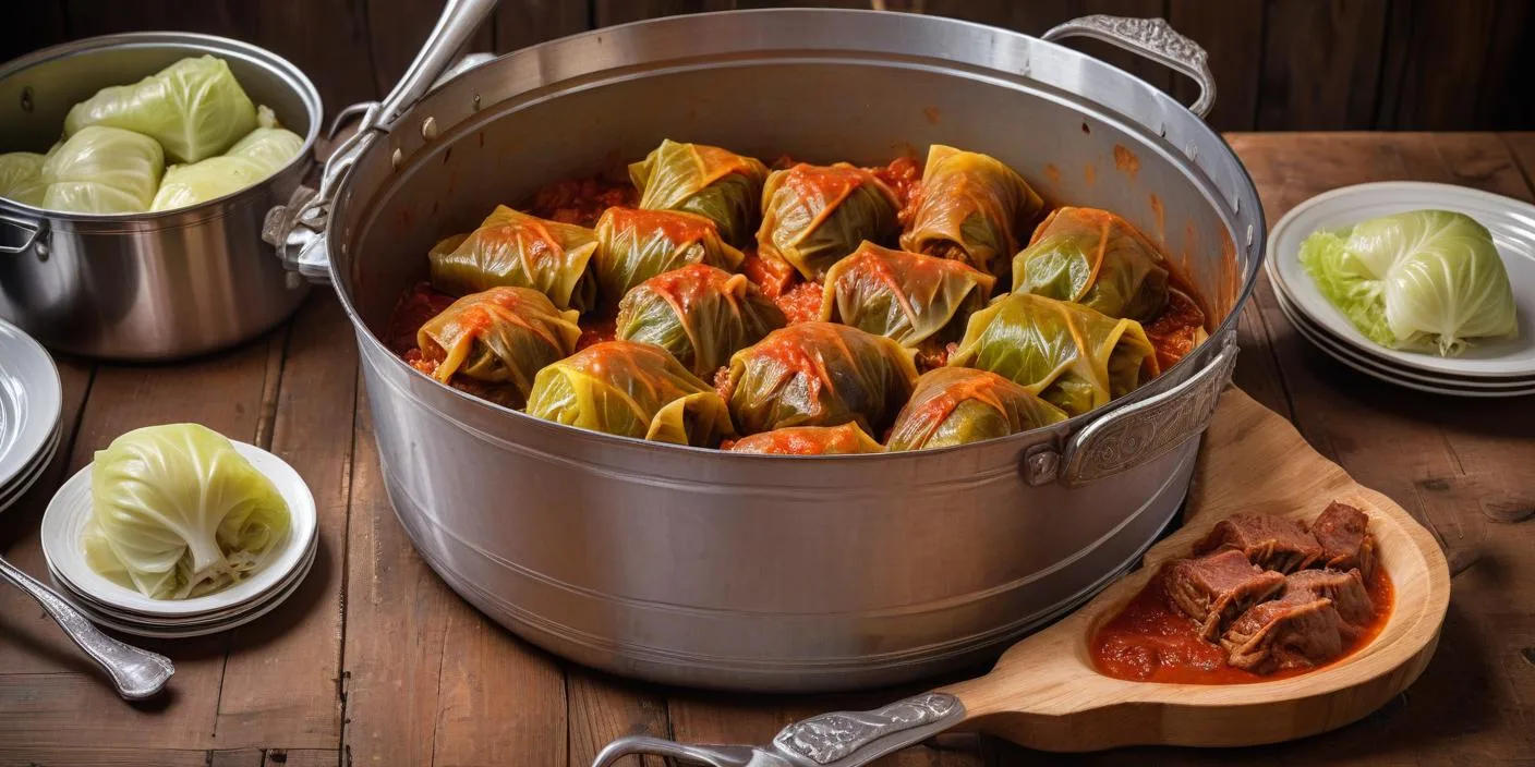 Pot of stuffed cabbage rolls with a tomato-based sauce. BookOfFoods