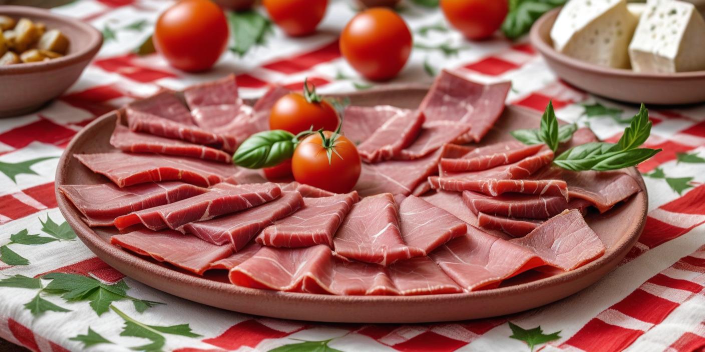 Thinly sliced cured meat arranged on a plate with fresh tomatoes. BookOfFoods