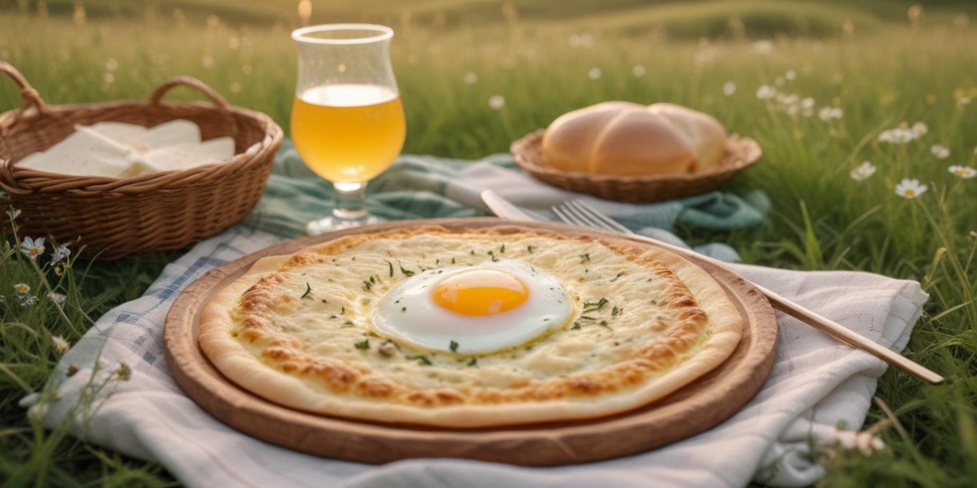 Savory pie with a fried egg on top, served outdoors with a glass of juice. BookOfFoods