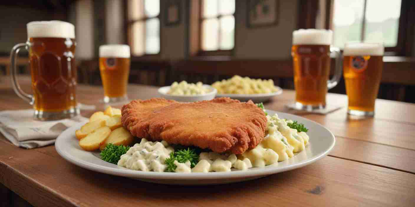 Schnitzel served on a bed of creamy potato salad, with a frothy beer in the background.