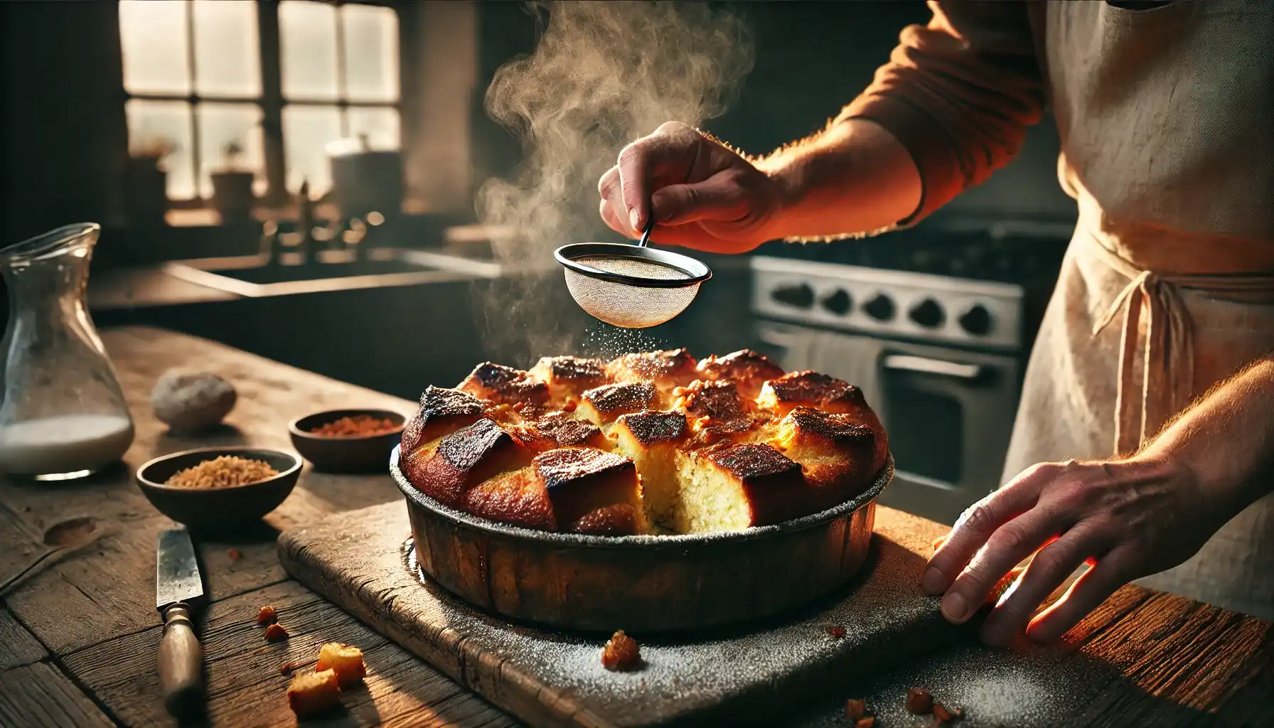 Steaming hot baked pastry being dusted with powdered sugar in a rustic kitchen. BookOfFoods