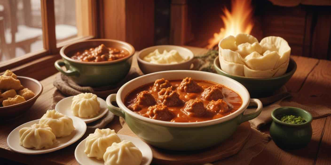 A bowl of beef stew with mashed potatoes, served near a fireplace.