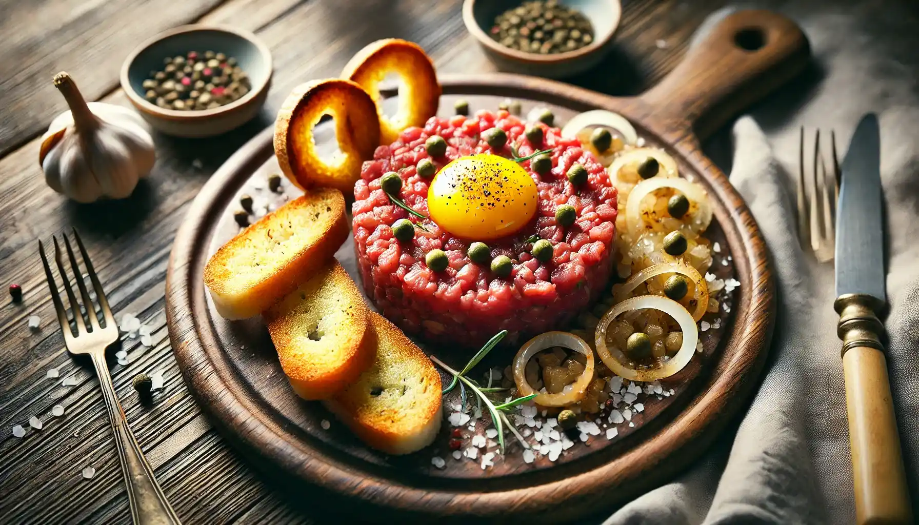 Beef tartare with toasted bread and onions – A beautifully plated dish of beef tartare with crispy toasted bread, onions, and peppercorns.