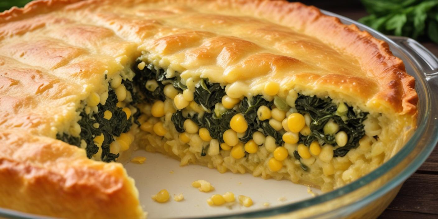 Savory pie filled with spinach, cheese, and corn, with a crispy golden crust. BookOfFoods